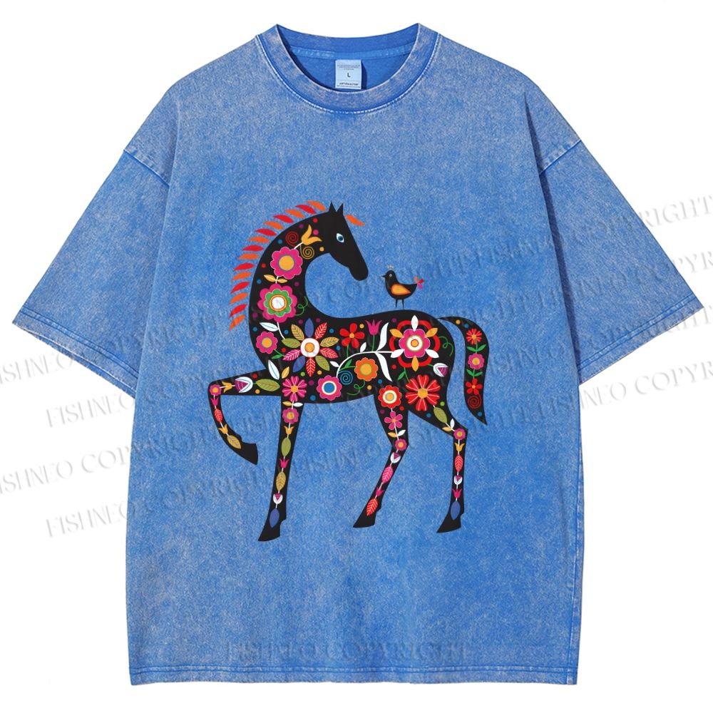 Unisex Floral Horse Printed Washed Tee