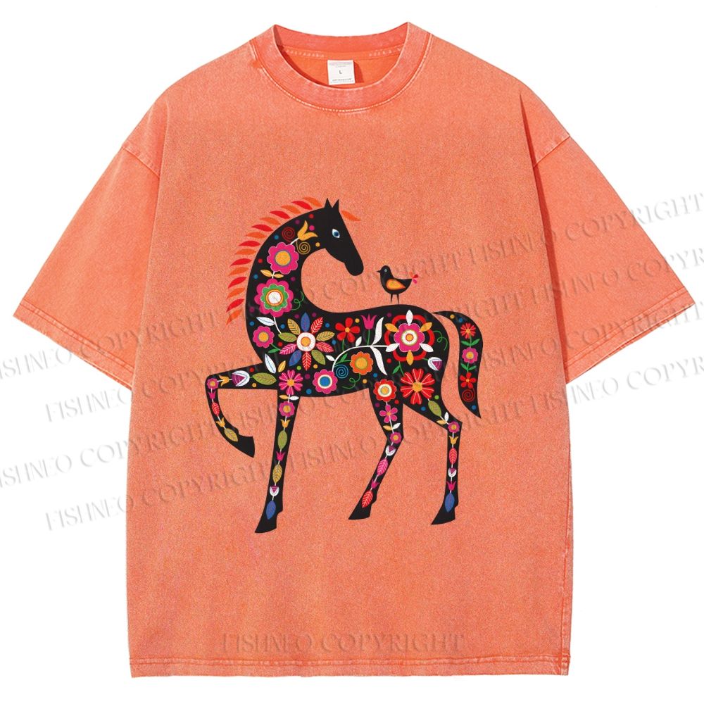 Unisex Floral Horse Printed Washed Tee