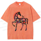 Unisex Floral Horse Printed Washed Tee