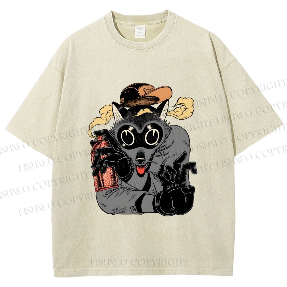 Unisex Ghetto Raccoon Printed Washed Tee