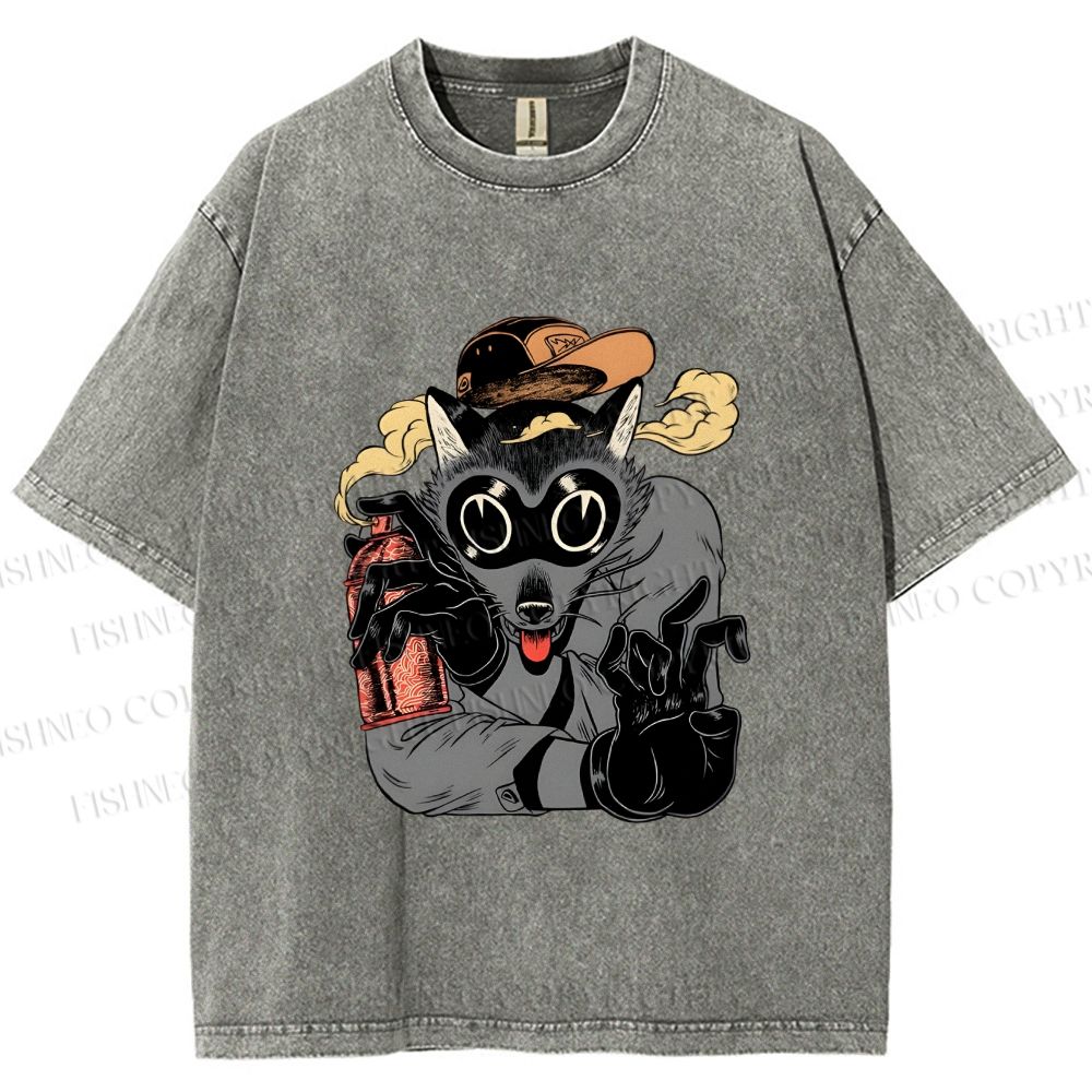 Unisex Ghetto Raccoon Printed Washed Tee