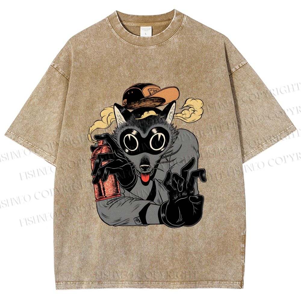 Unisex Ghetto Raccoon Printed Washed Tee