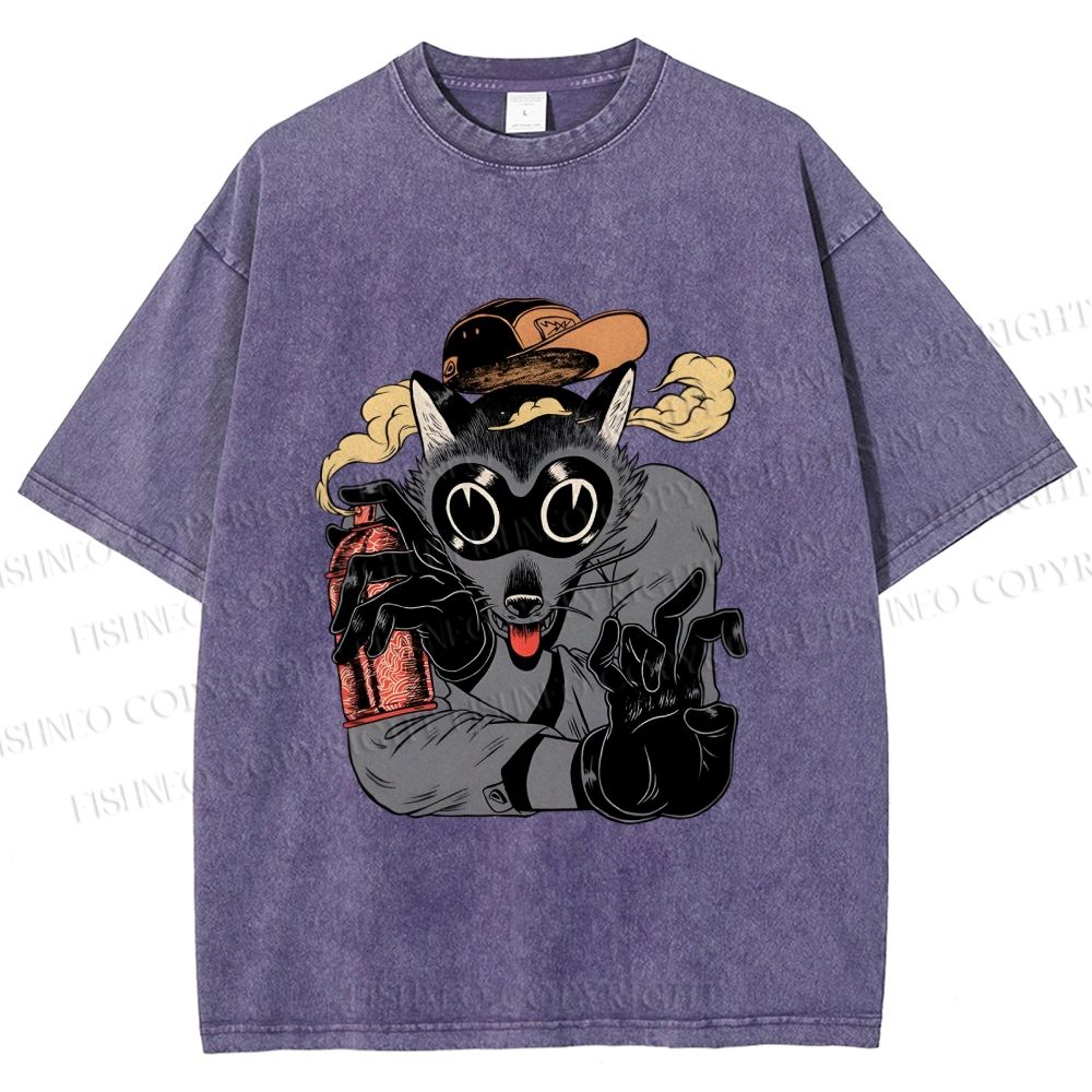 Unisex Ghetto Raccoon Printed Washed Tee