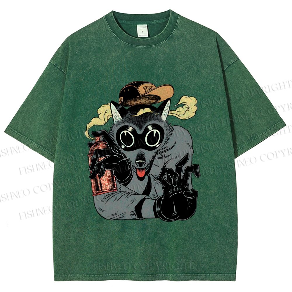 Unisex Ghetto Raccoon Printed Washed Tee