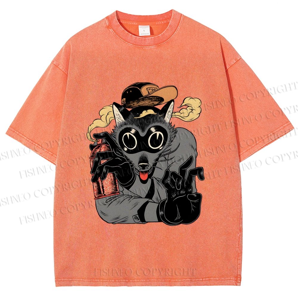Unisex Ghetto Raccoon Printed Washed Tee