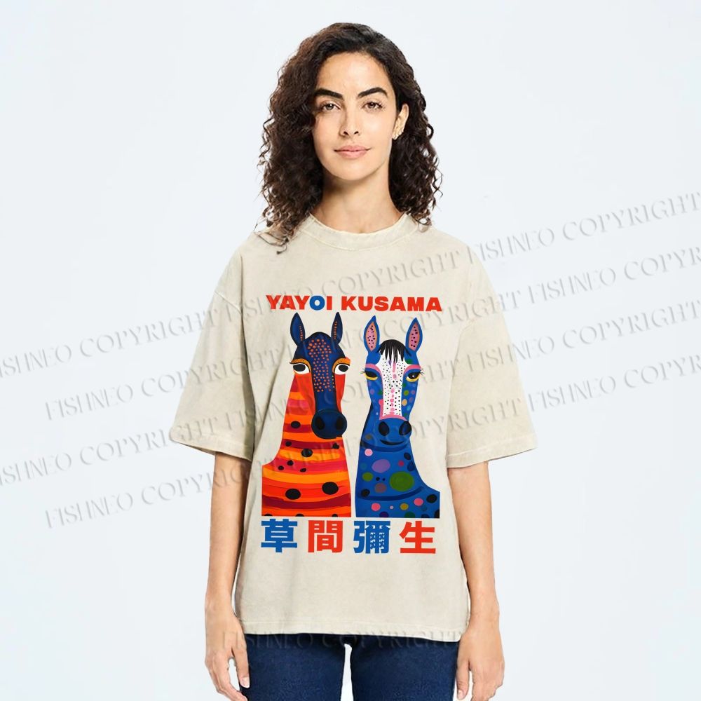 Unisex Yayoi Kusama Horse With Dots Printed Washed Tee
