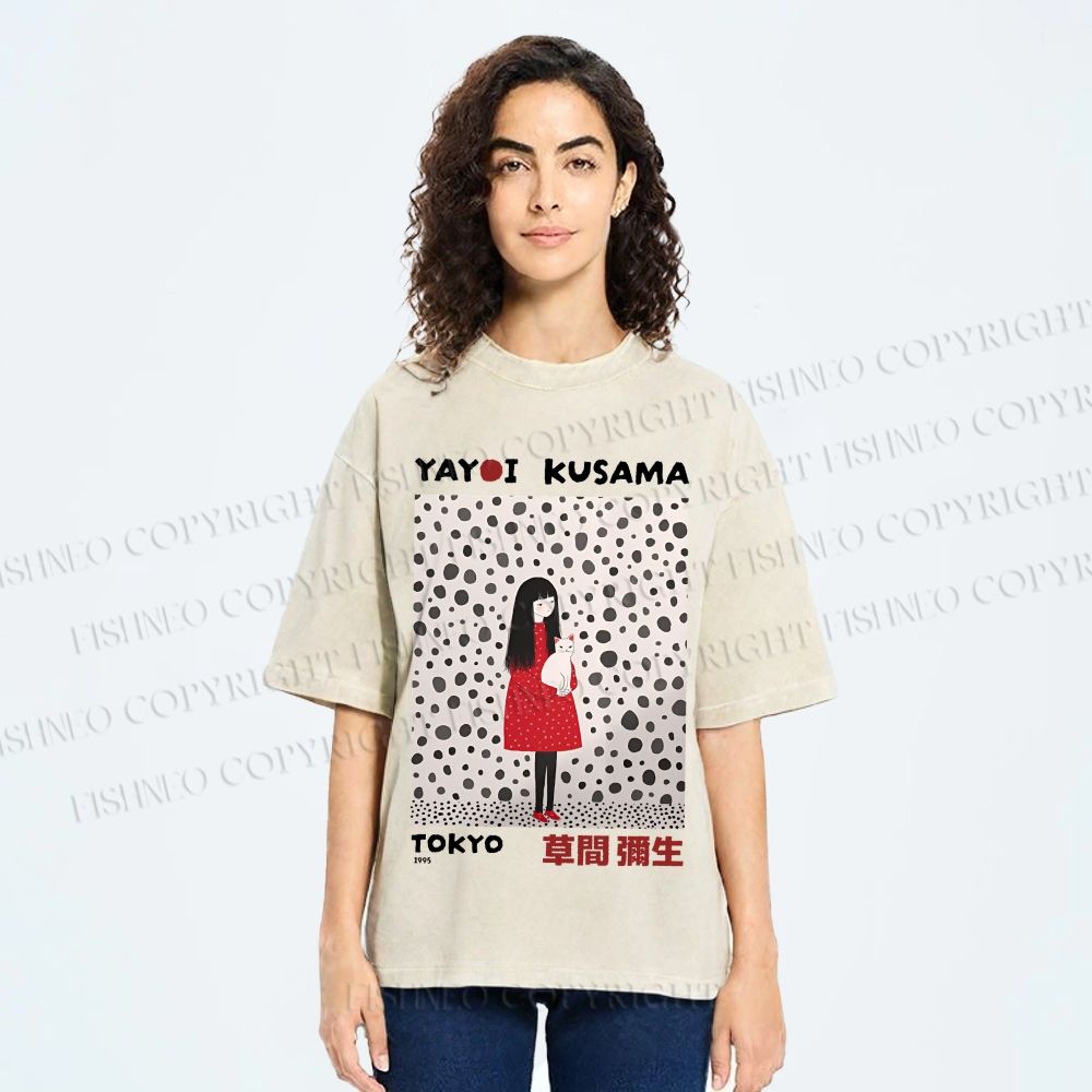 Unisex Yayoi Kusama Woman With Cat Printed Washed Tee