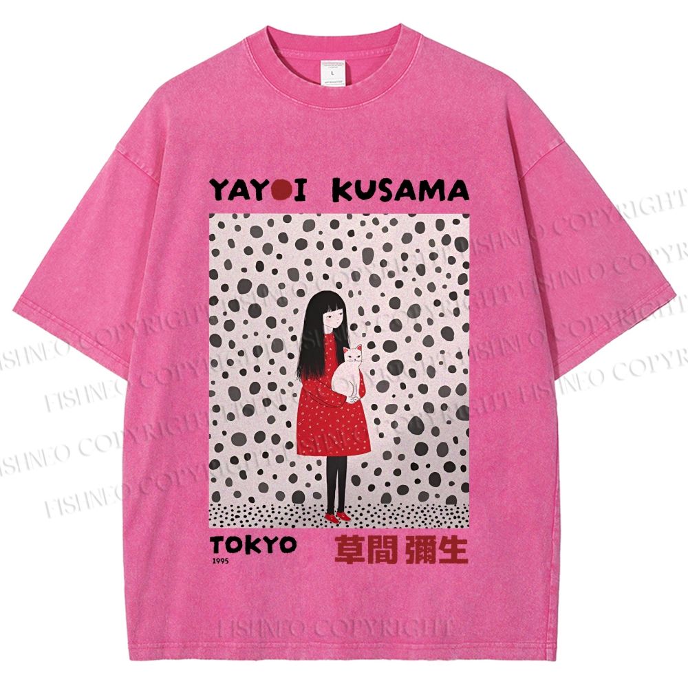 Unisex Yayoi Kusama Woman With Cat Printed Washed Tee