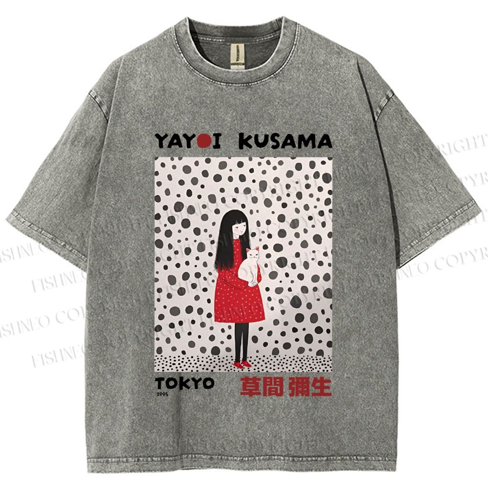 Unisex Yayoi Kusama Woman With Cat Printed Washed Tee