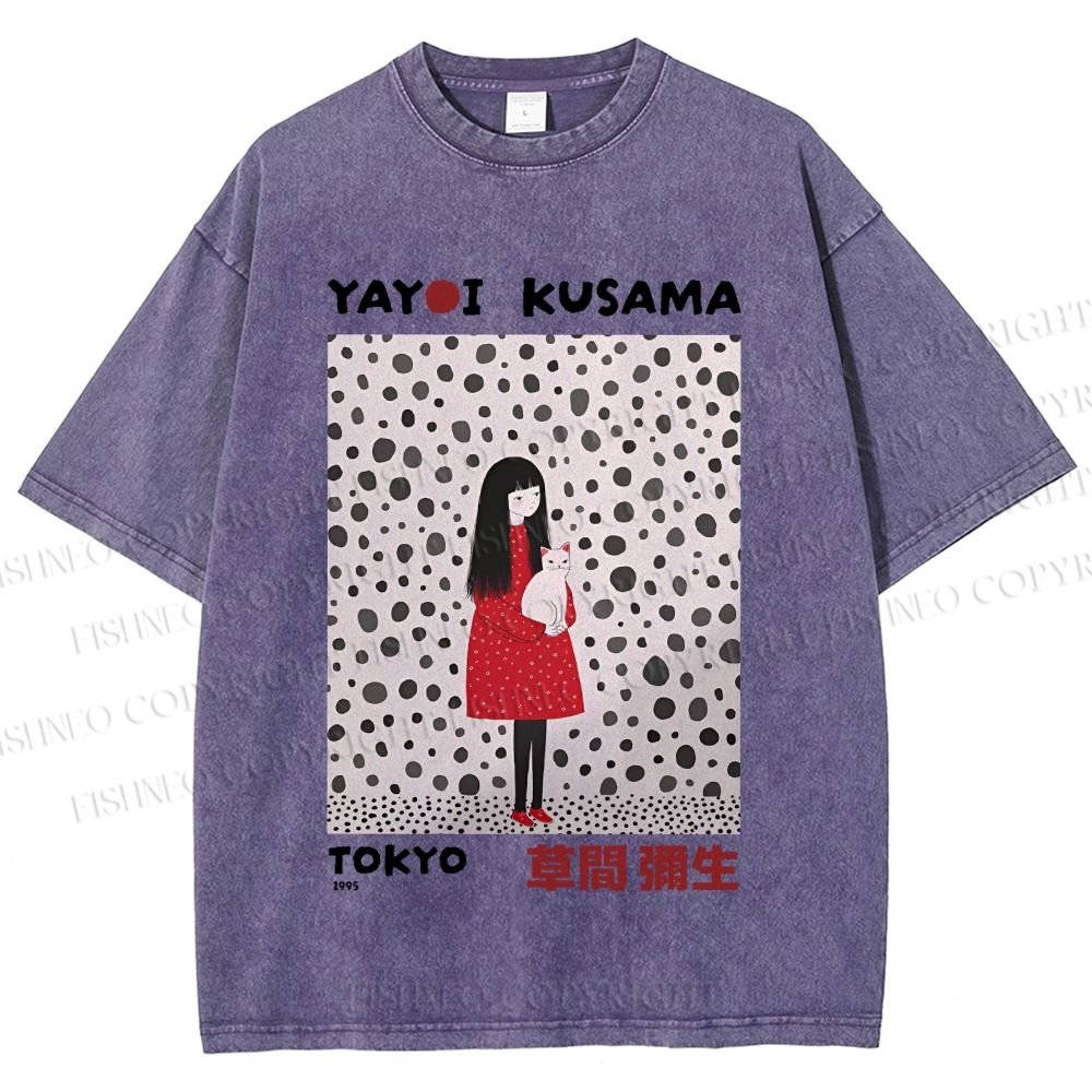 Unisex Yayoi Kusama Woman With Cat Printed Washed Tee