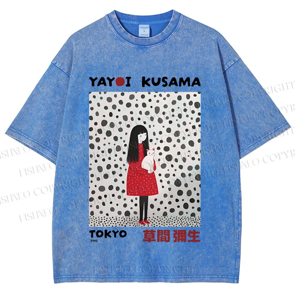Unisex Yayoi Kusama Woman With Cat Printed Washed Tee