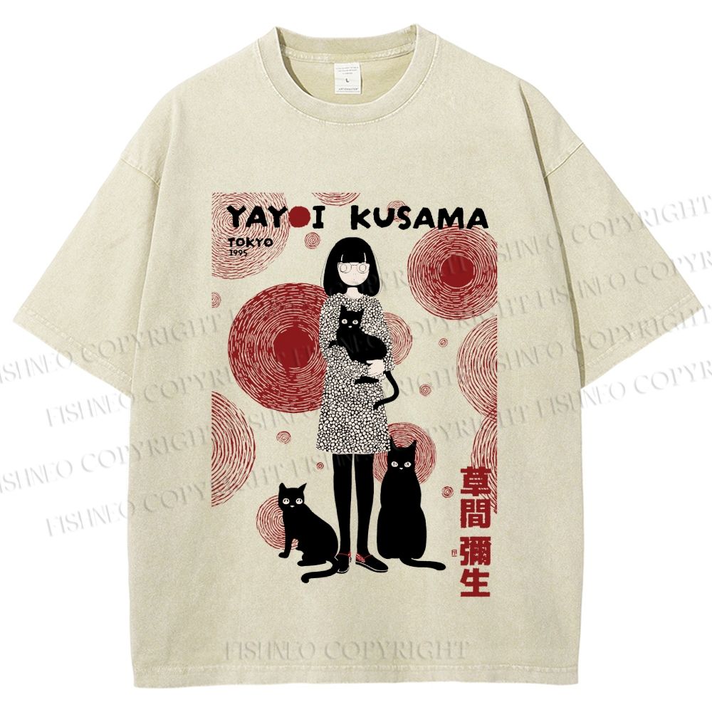 Unisex Yayoi Kusama Woman With Cats Printed Washed Tee