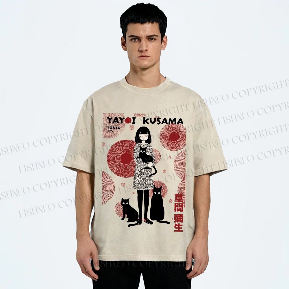 Unisex Yayoi Kusama Woman With Cats Printed Washed Tee