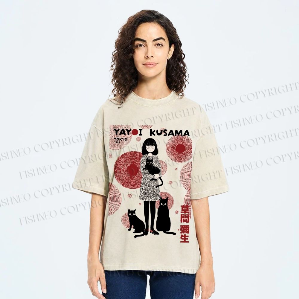Unisex Yayoi Kusama Woman With Cats Printed Washed Tee