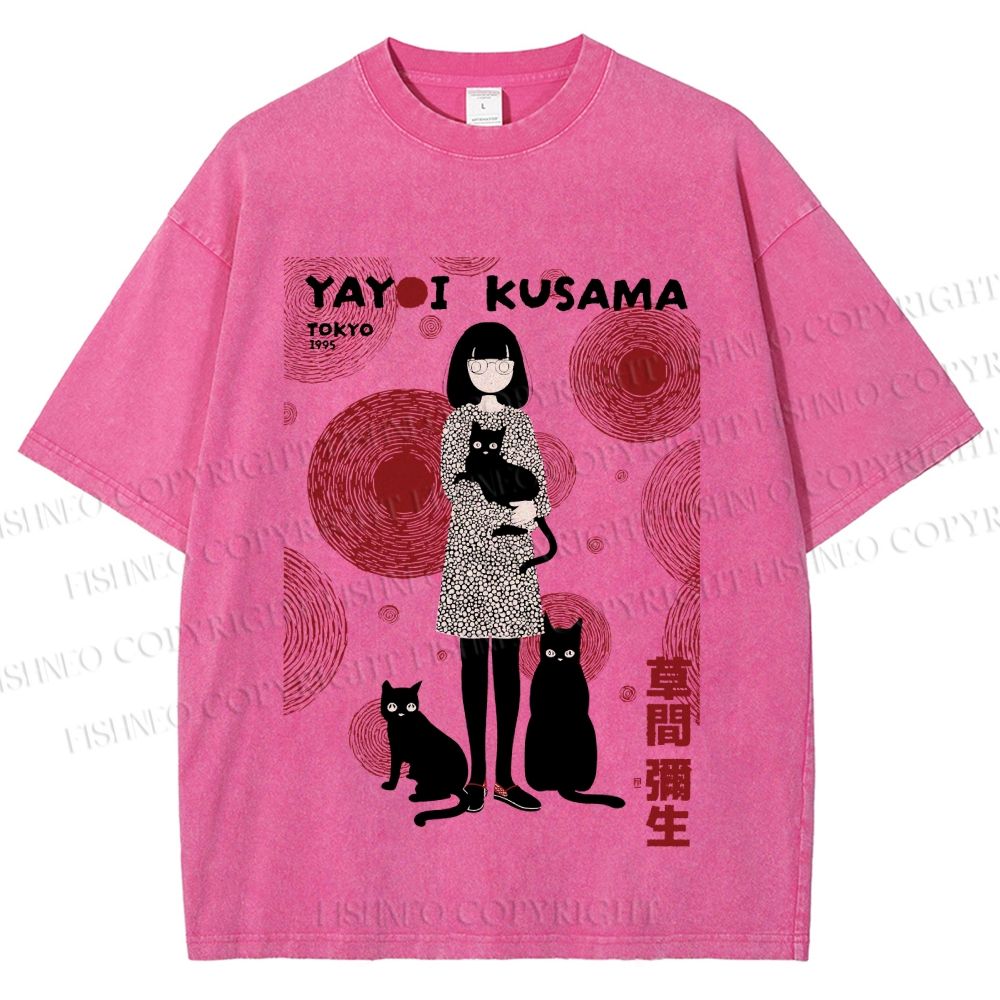 Unisex Yayoi Kusama Woman With Cats Printed Washed Tee
