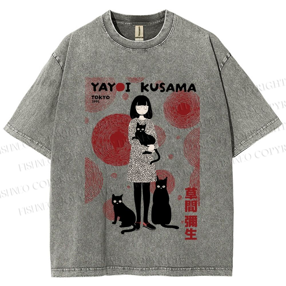 Unisex Yayoi Kusama Woman With Cats Printed Washed Tee