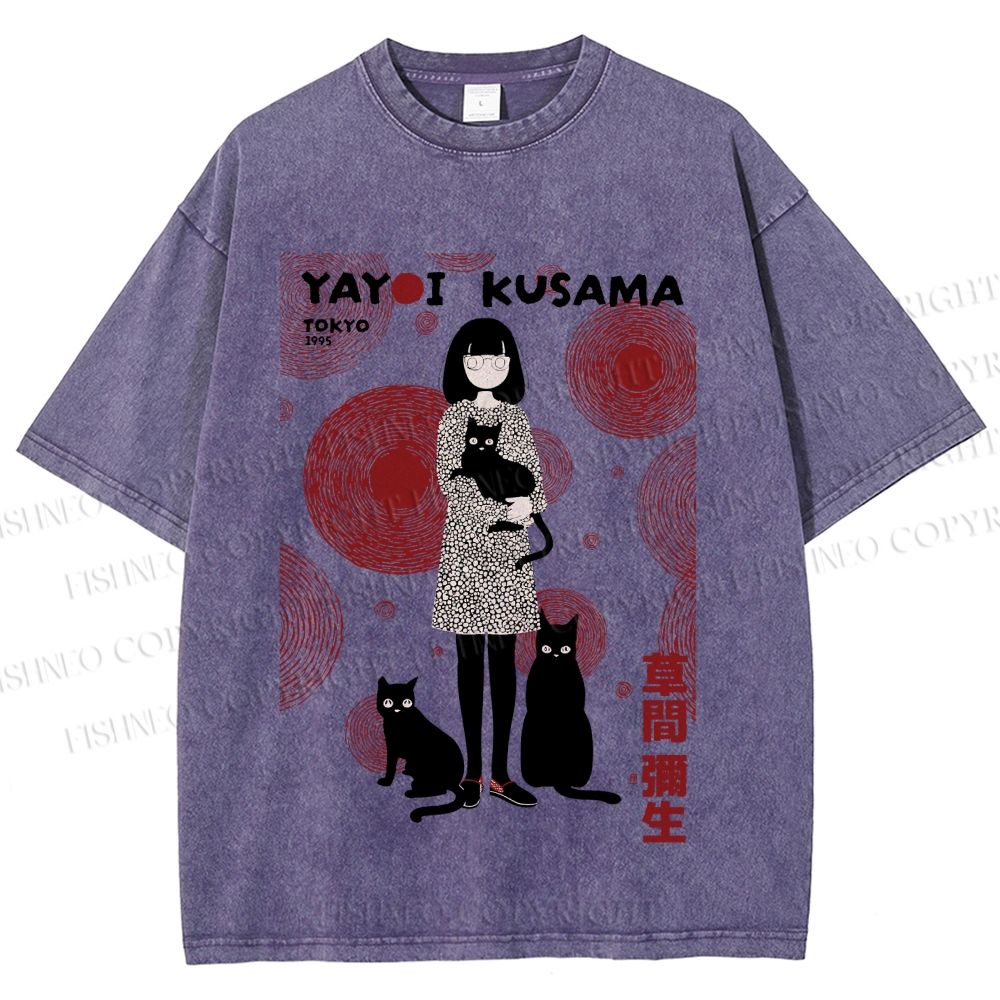 Unisex Yayoi Kusama Woman With Cats Printed Washed Tee