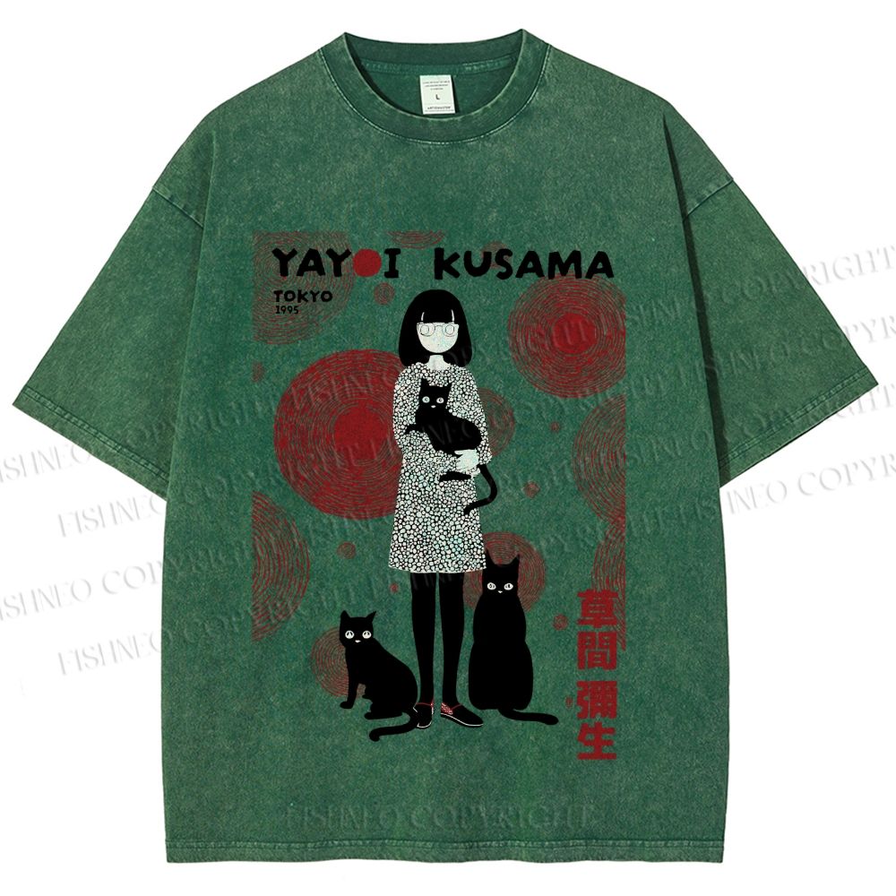 Unisex Yayoi Kusama Woman With Cats Printed Washed Tee