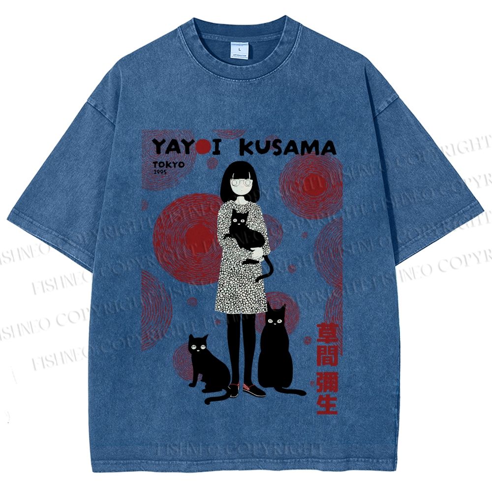 Unisex Yayoi Kusama Woman With Cats Printed Washed Tee