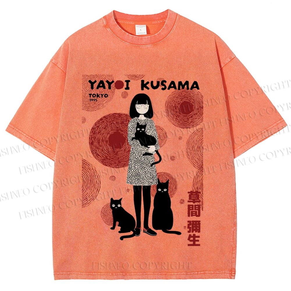 Unisex Yayoi Kusama Woman With Cats Printed Washed Tee