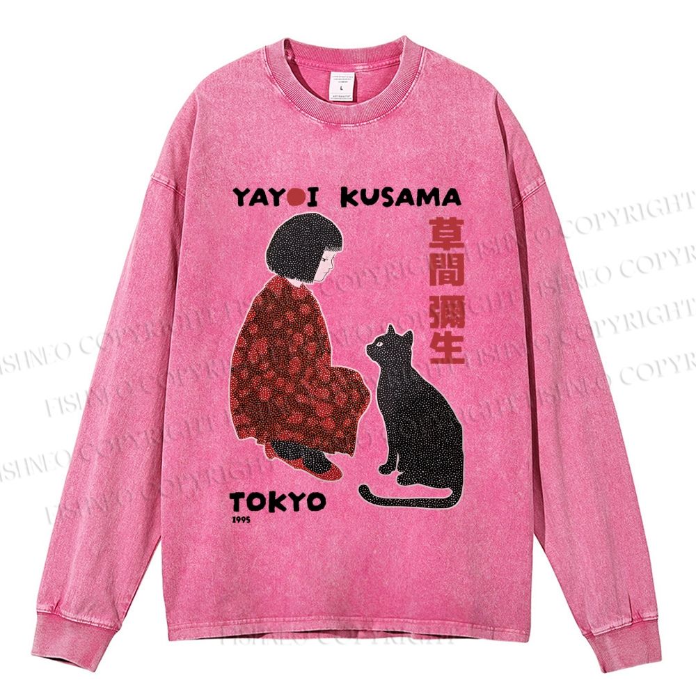 Unisex Casual Washed Yayoi Kusama Woman With Black Cat Printed Long Sleeve T-shirt