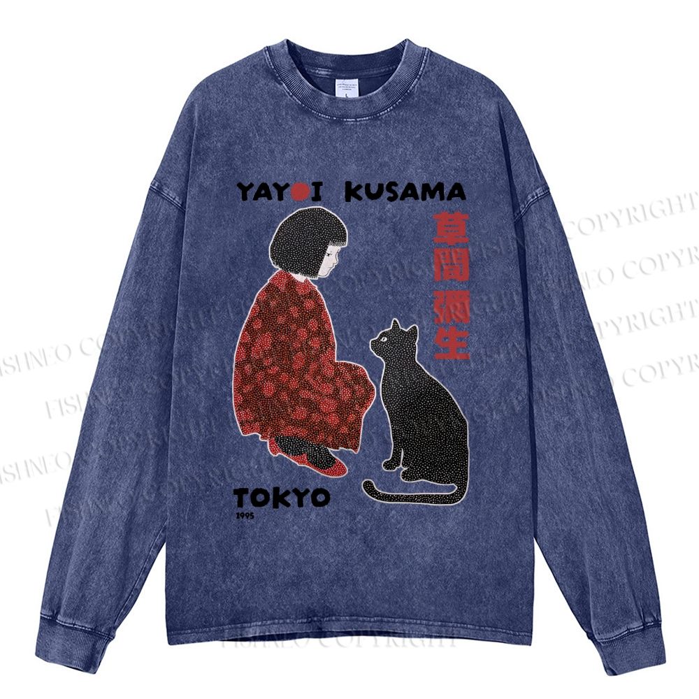 Unisex Casual Washed Yayoi Kusama Woman With Black Cat Printed Long Sleeve T-shirt