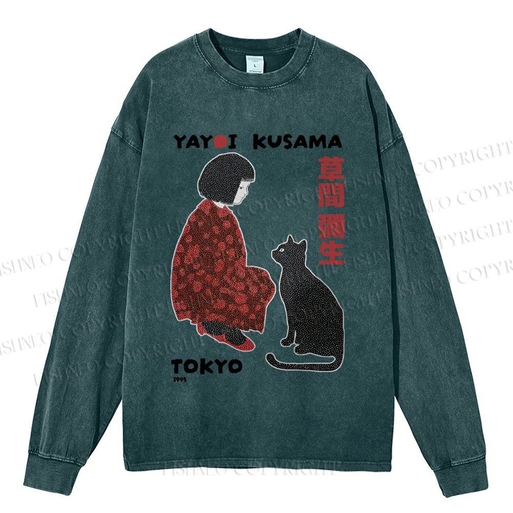 Unisex Casual Washed Yayoi Kusama Woman With Black Cat Printed Long Sleeve T-shirt
