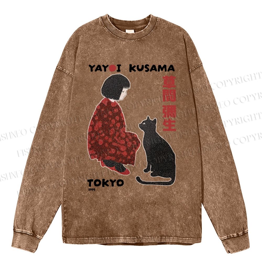 Unisex Casual Washed Yayoi Kusama Woman With Black Cat Printed Long Sleeve T-shirt