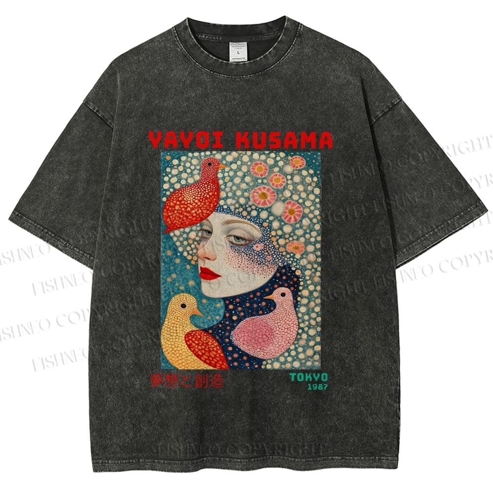 Unisex Yayoi Kusama Dreaming Birds Printed Washed Tee