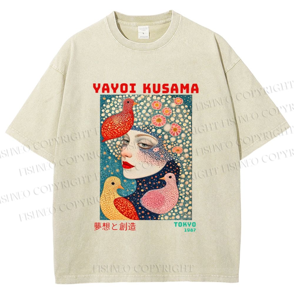 Unisex Yayoi Kusama Dreaming Birds Printed Washed Tee