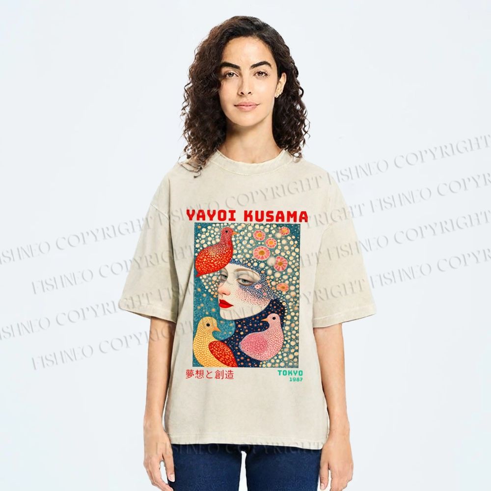 Unisex Yayoi Kusama Dreaming Birds Printed Washed Tee