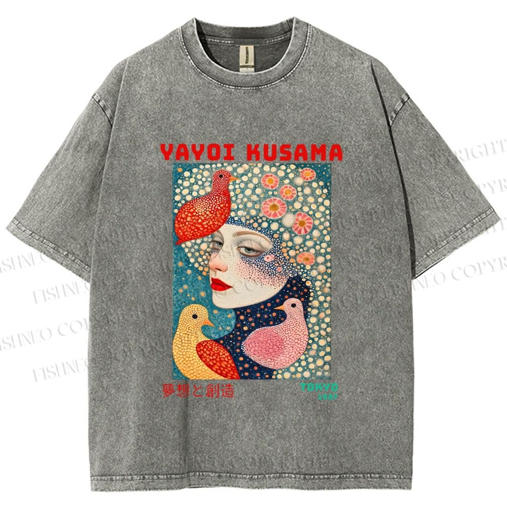 Unisex Yayoi Kusama Dreaming Birds Printed Washed Tee