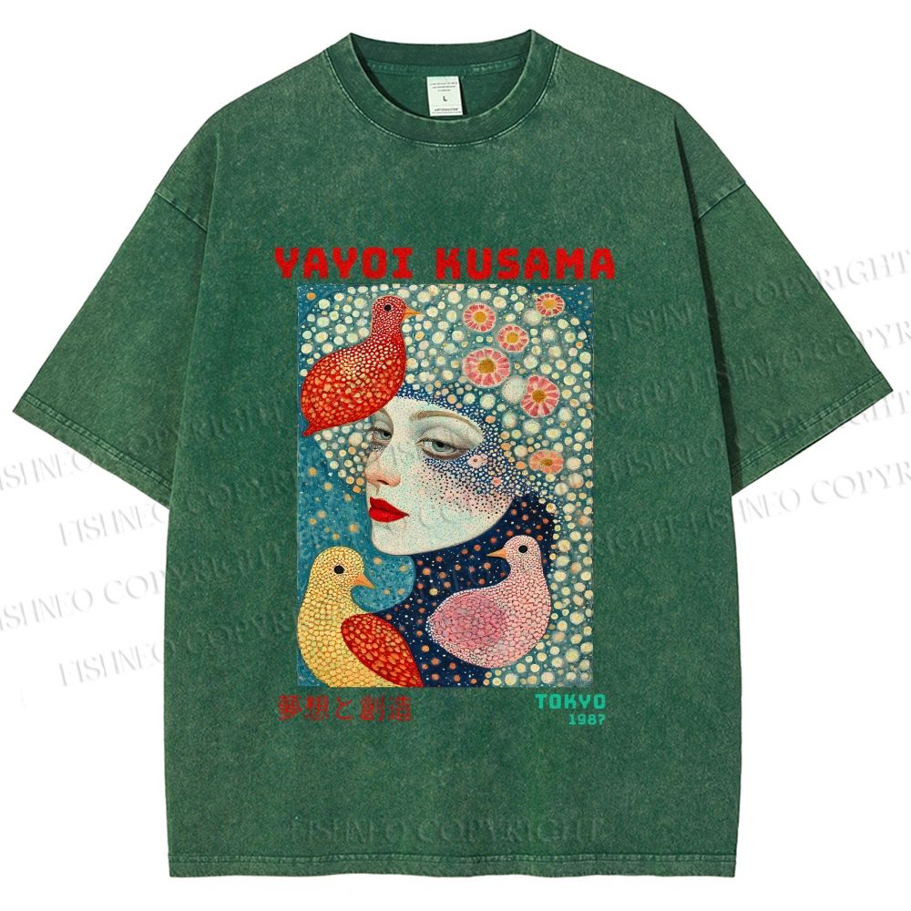 Unisex Yayoi Kusama Dreaming Birds Printed Washed Tee