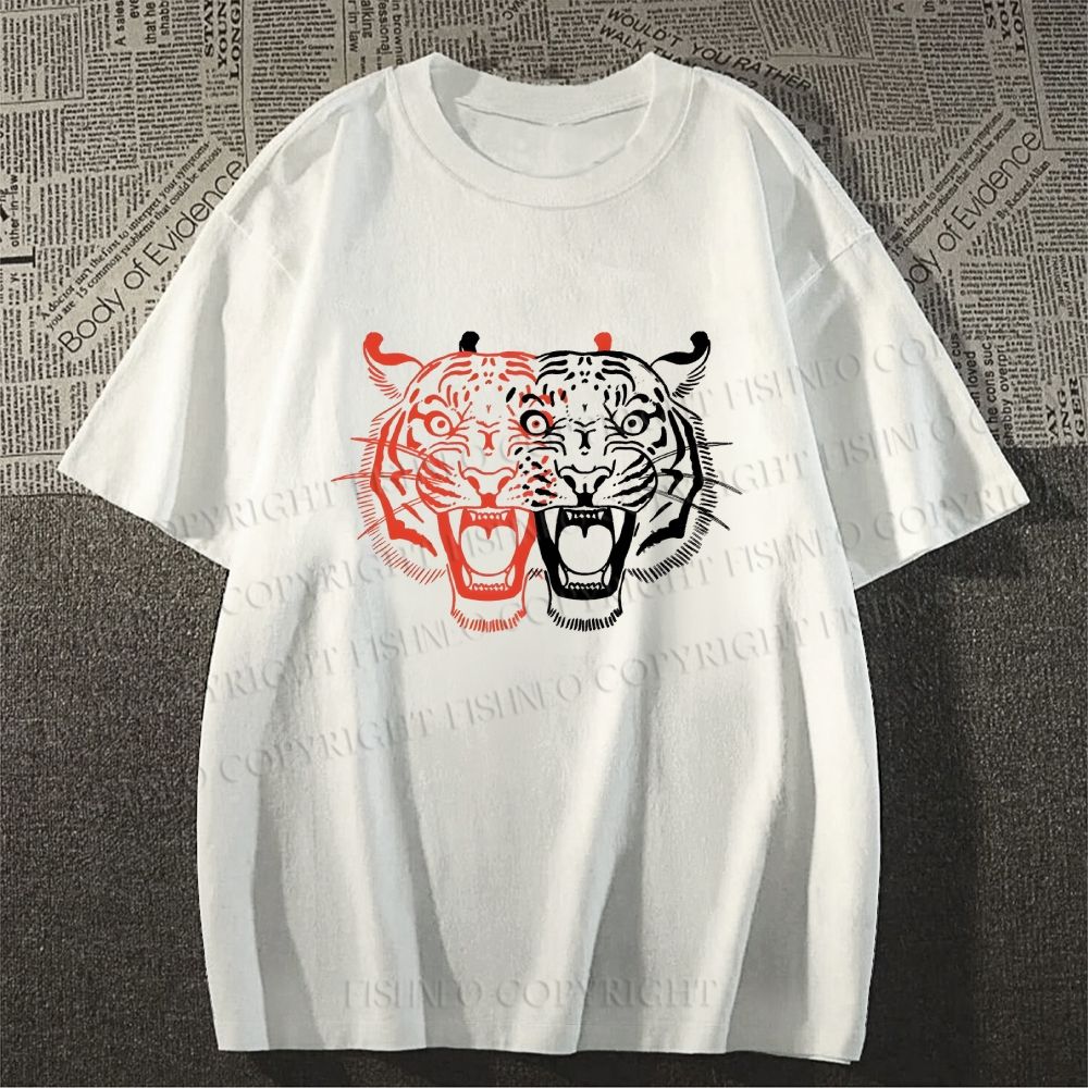 Unisex Classic Patchwork Tiger Printed Cotton Printed T-shirt