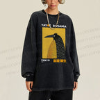 Unisex Casual Washed Half-Split Dot Bird Printed Long Sleeve T-shirt