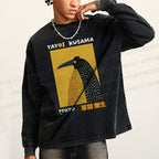 Unisex Casual Washed Half-Split Dot Bird Printed Long Sleeve T-shirt