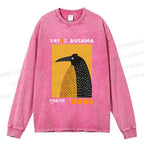 Unisex Casual Washed Half-Split Dot Bird Printed Long Sleeve T-shirt