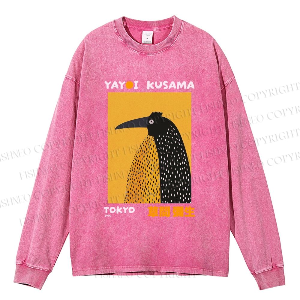 Unisex Casual Washed Half-Split Dot Bird Printed Long Sleeve T-shirt