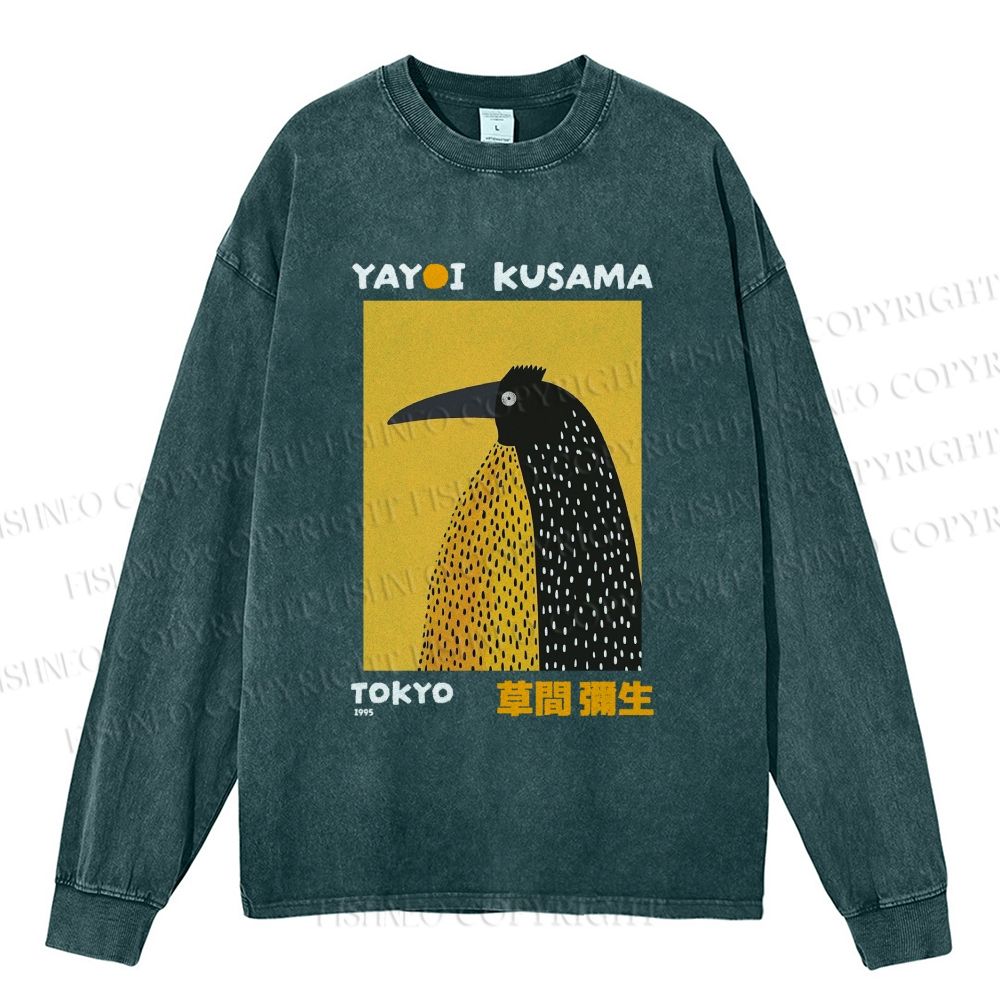 Unisex Casual Washed Half-Split Dot Bird Printed Long Sleeve T-shirt