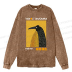 Unisex Casual Washed Half-Split Dot Bird Printed Long Sleeve T-shirt