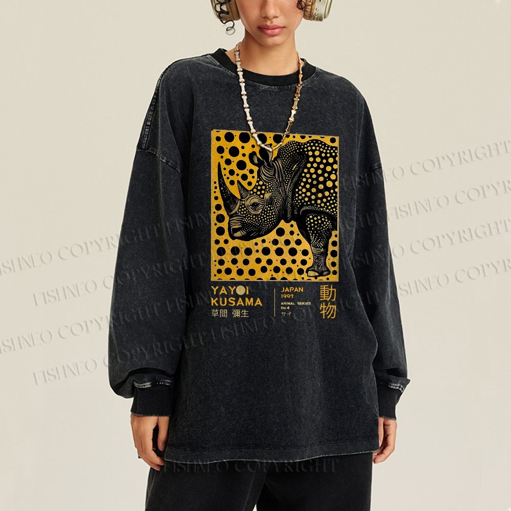 Unisex Casual Washed Japanese Rhinoceros Yayoi Kusama Printed Long Sleeve T-shirt