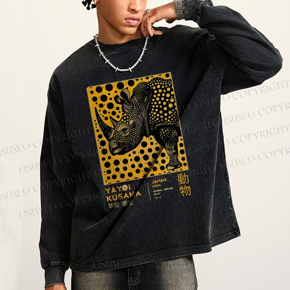 Unisex Casual Washed Japanese Rhinoceros Yayoi Kusama Printed Long Sleeve T-shirt