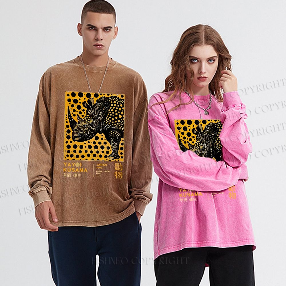 Unisex Casual Washed Japanese Rhinoceros Yayoi Kusama Printed Long Sleeve T-shirt