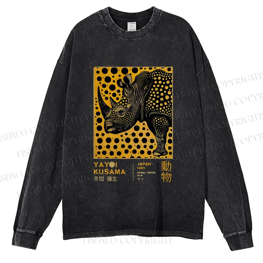 Unisex Casual Washed Japanese Rhinoceros Yayoi Kusama Printed Long Sleeve T-shirt