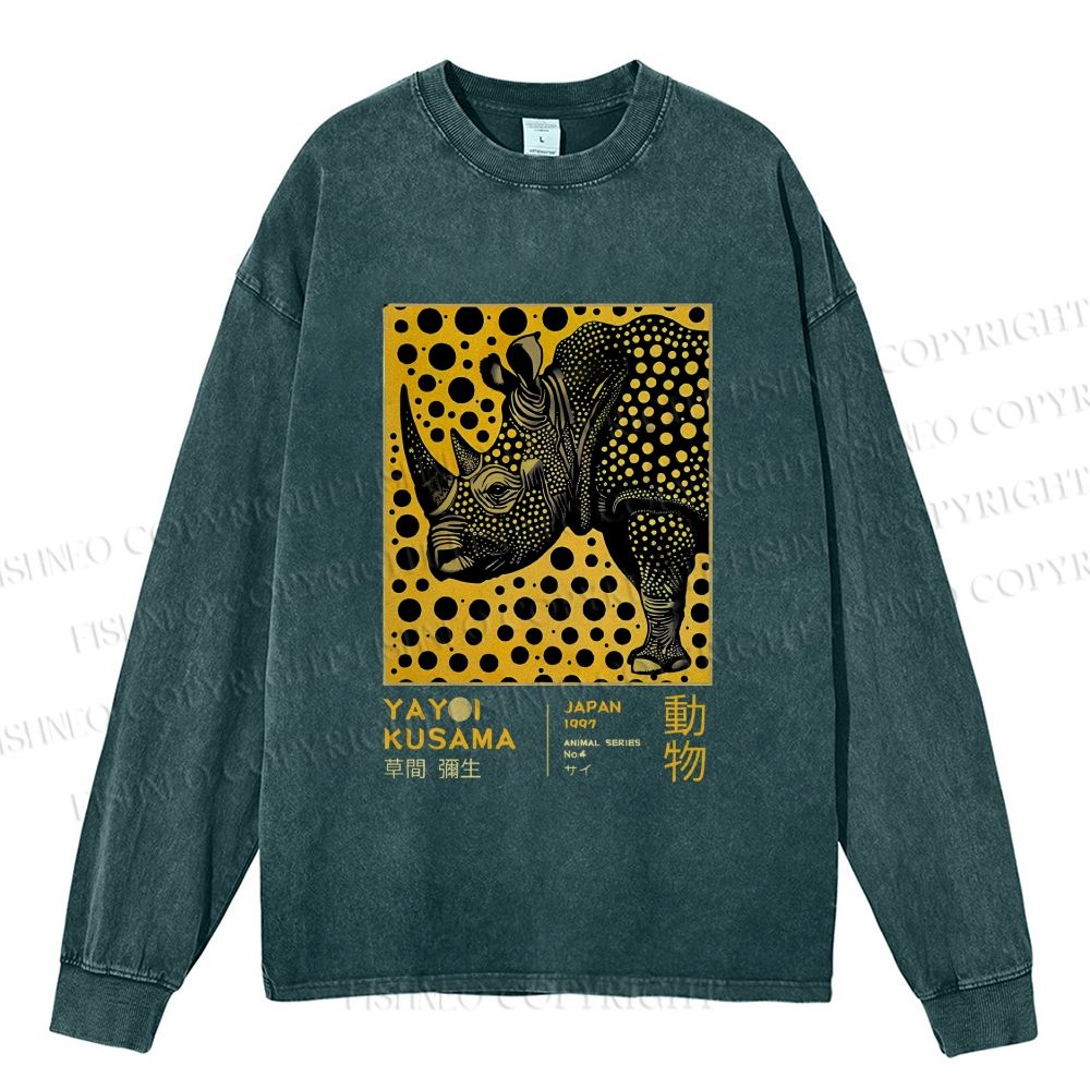 Unisex Casual Washed Japanese Rhinoceros Yayoi Kusama Printed Long Sleeve T-shirt