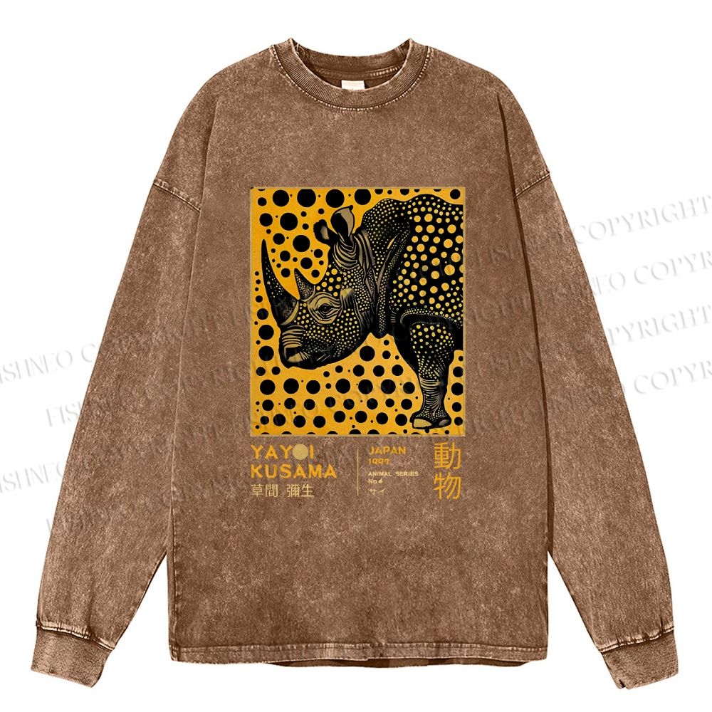 Unisex Casual Washed Japanese Rhinoceros Yayoi Kusama Printed Long Sleeve T-shirt