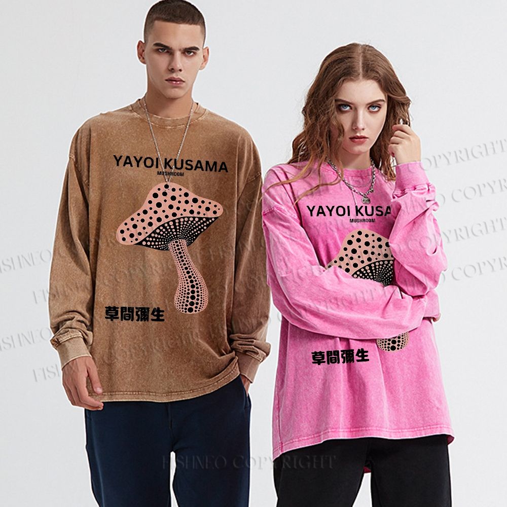 Unisex Casual Washed Japanese Yayoi Kusama Mushroom  Printed Long Sleeve T-shirt