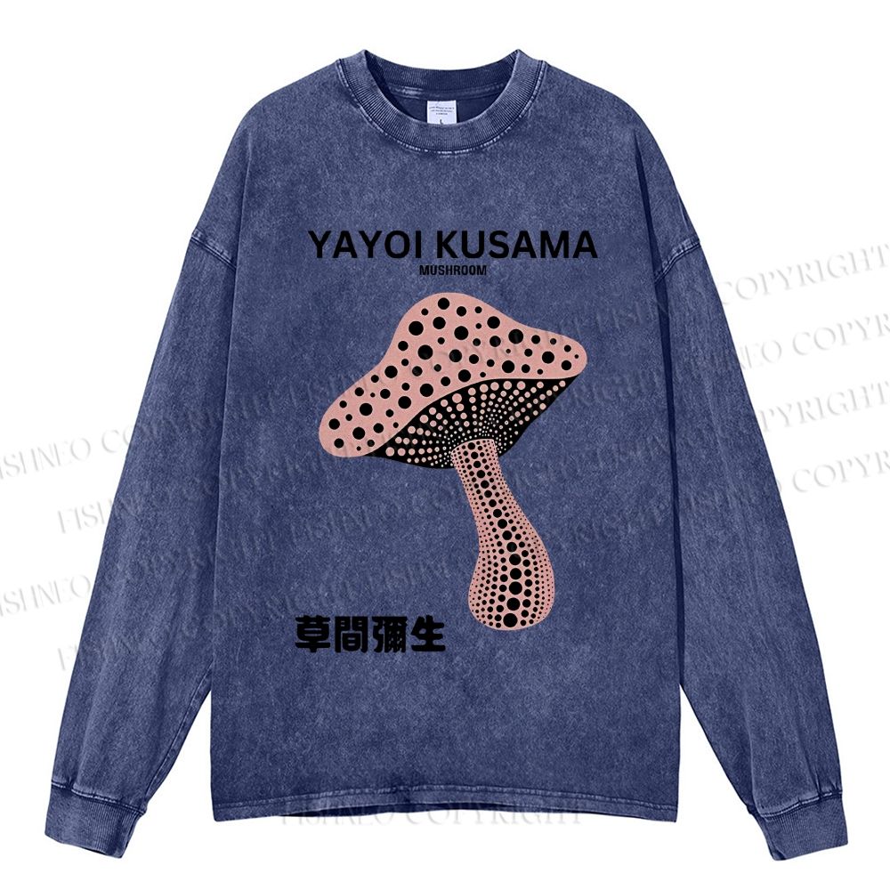 Unisex Casual Washed Japanese Yayoi Kusama Mushroom  Printed Long Sleeve T-shirt