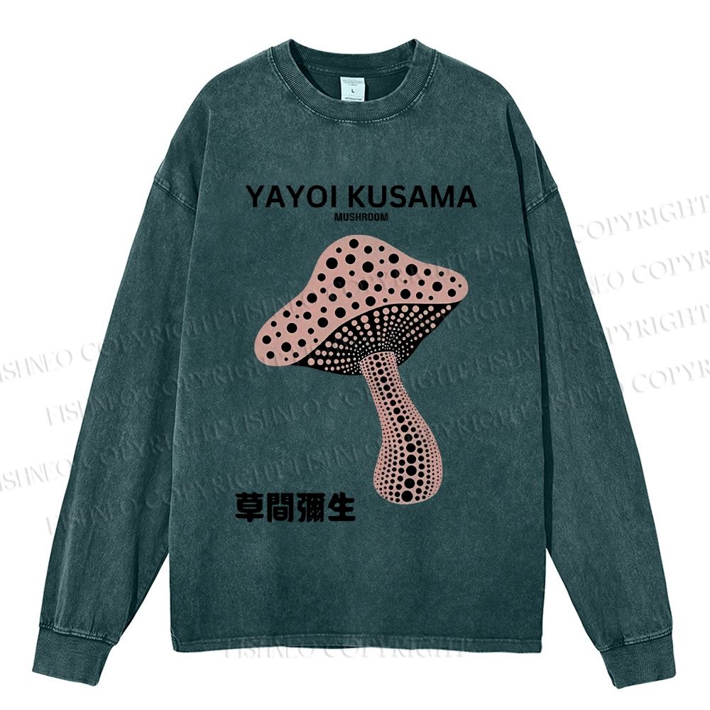 Unisex Casual Washed Japanese Yayoi Kusama Mushroom  Printed Long Sleeve T-shirt
