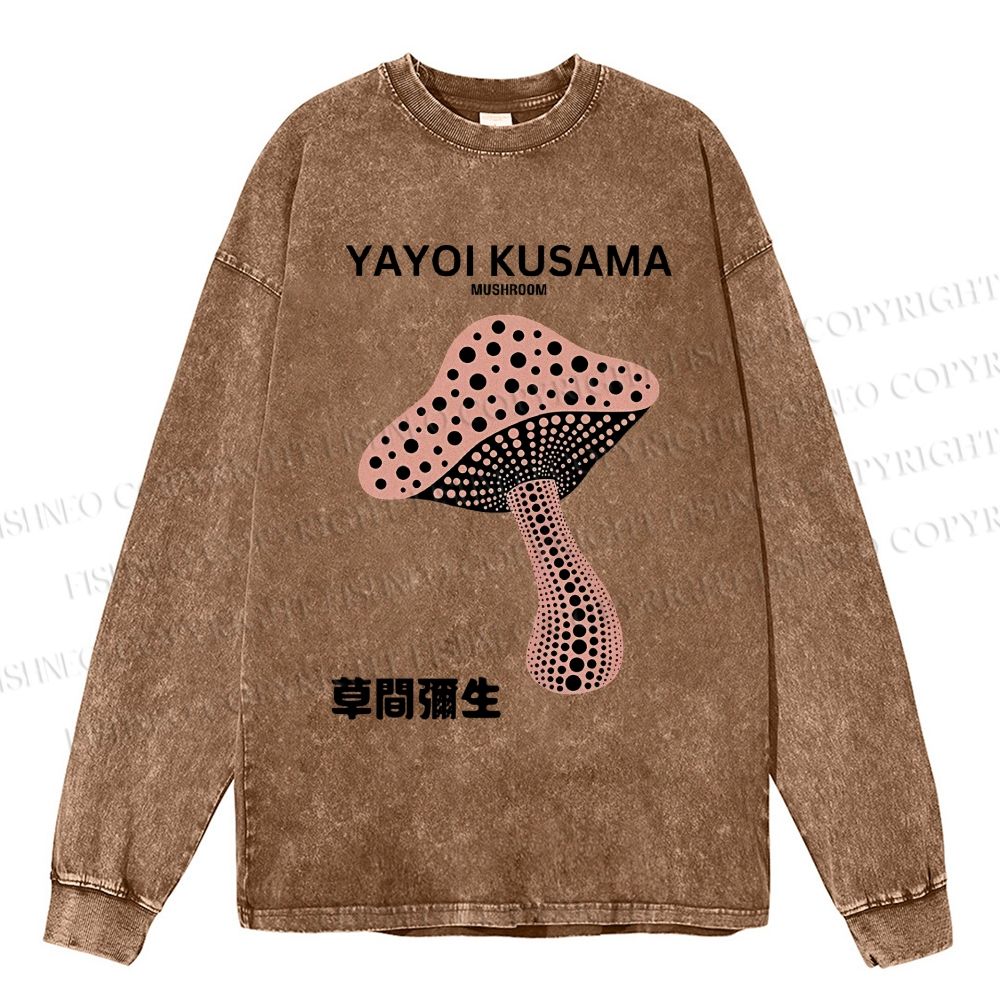 Unisex Casual Washed Japanese Yayoi Kusama Mushroom  Printed Long Sleeve T-shirt